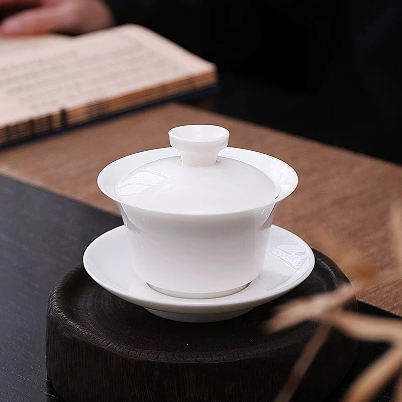 代购许昌超市白瓷三才盖碗透白晶莹如玉泡茶碗陶瓷泡茶器纯白简约