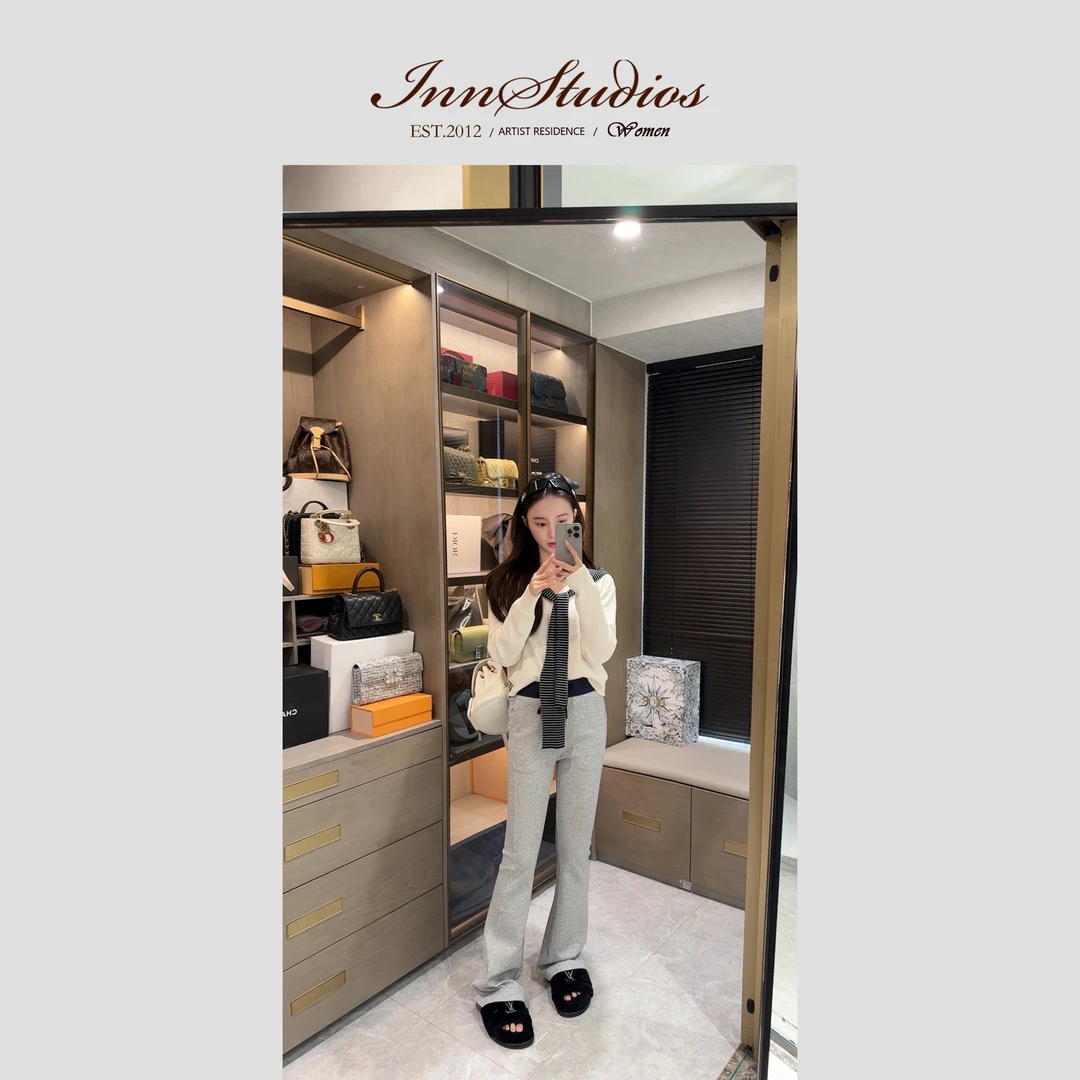 Innstudios 拼接腰头修身显瘦微喇休闲裤