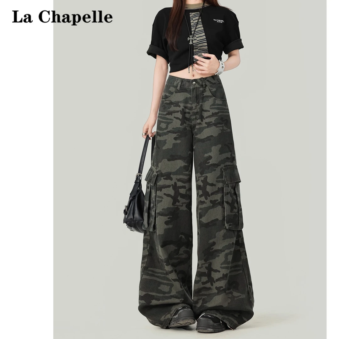 拉夏贝尔迷彩工装牛仔裤女2025早秋新款多口袋小众宽松阔腿拖地裤