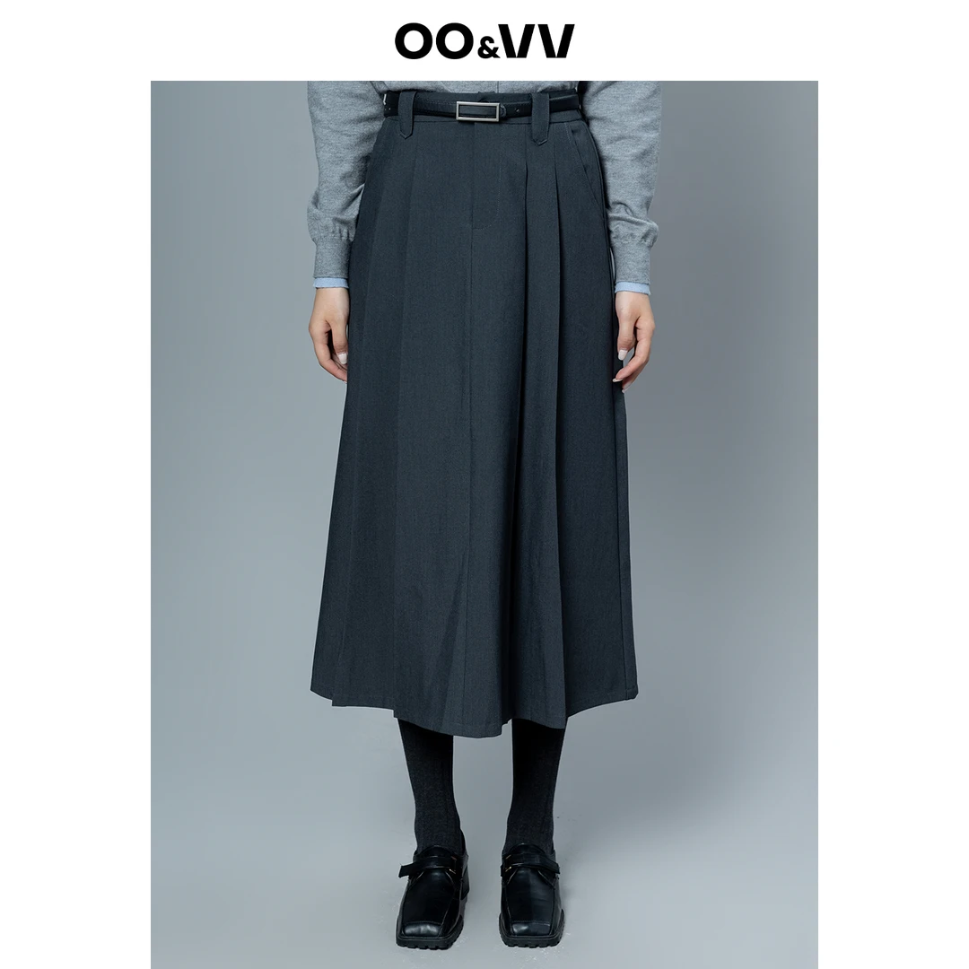 OO&VV2025秋新款时尚高腰显瘦百搭A字半身裙女中长款灰色百褶裙