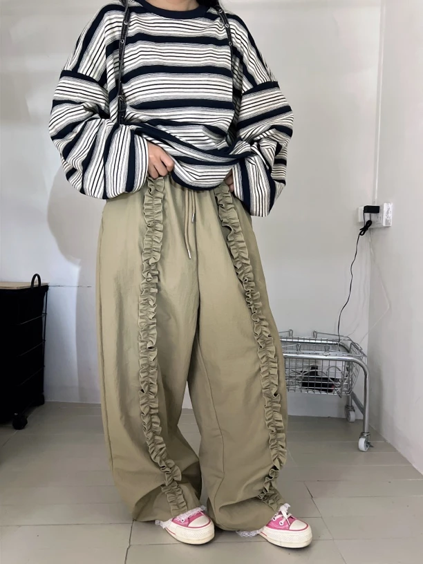 HNN#79403夏季福利速干重工拼接花边蕾丝弯刀裤，裤长：103cm