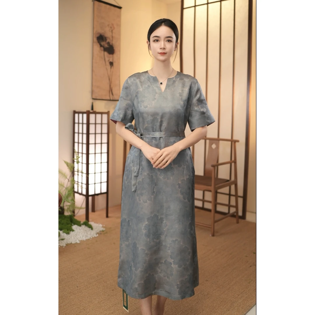 【栖夫人】双面穿重缎桑蚕丝夏季新款优雅百搭紫香云纱连衣裙5279