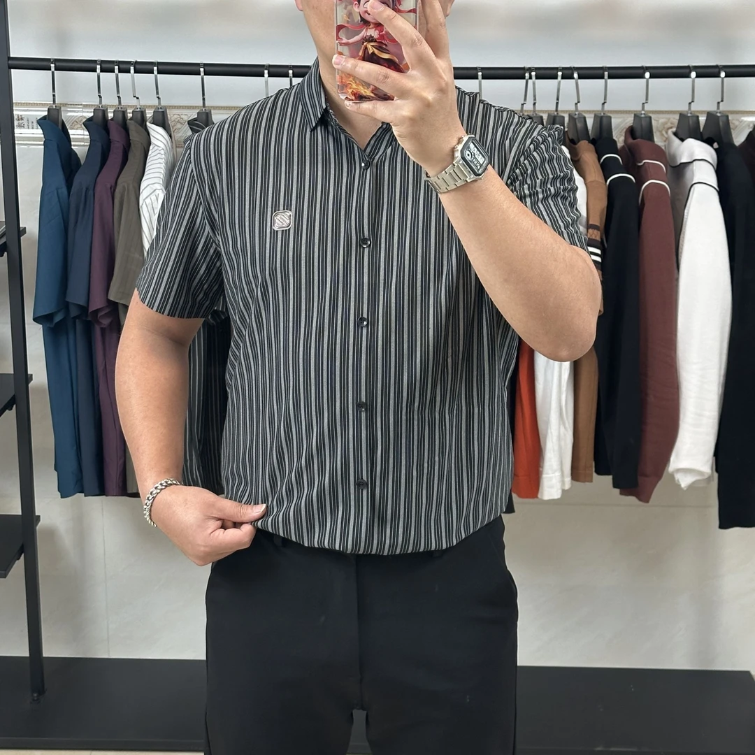 夏季高级感男款条纹宽松商务免烫百搭翻领薄款潮流绅士风衬衫男装