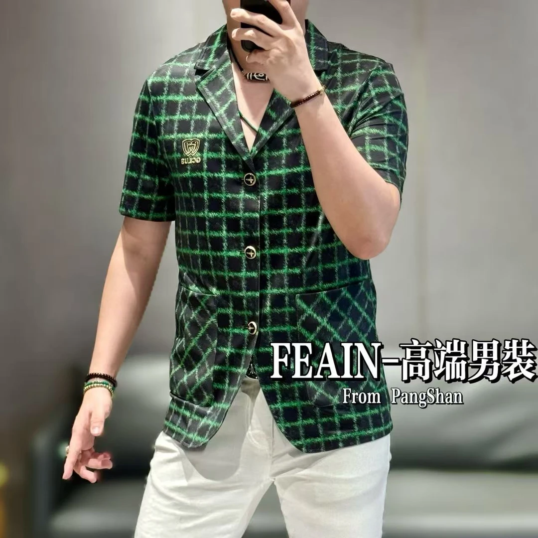 高端定制男士弹力莱卡经典格纹高周波胸标短袖西装5099