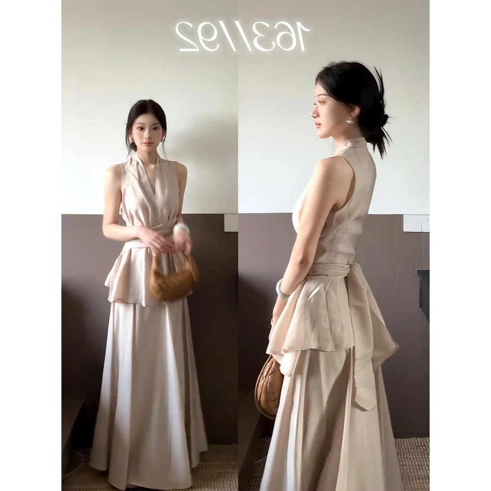 设计感别致收腰背心女夏外穿2025气质显瘦半身裙两件套装v领上衣