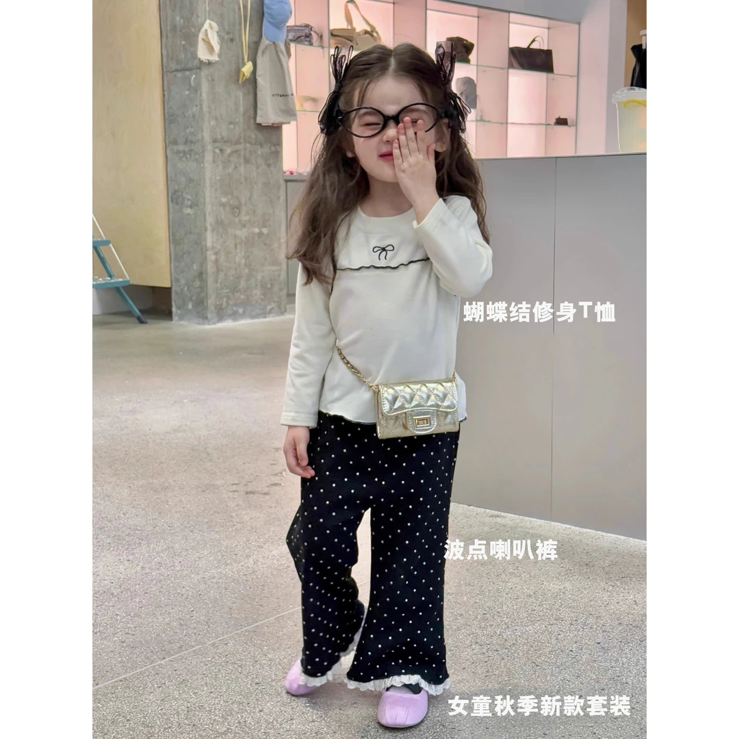 女孩套装2025秋新款女童韩版蝴蝶结修身假两件T恤波点喇叭裤套装