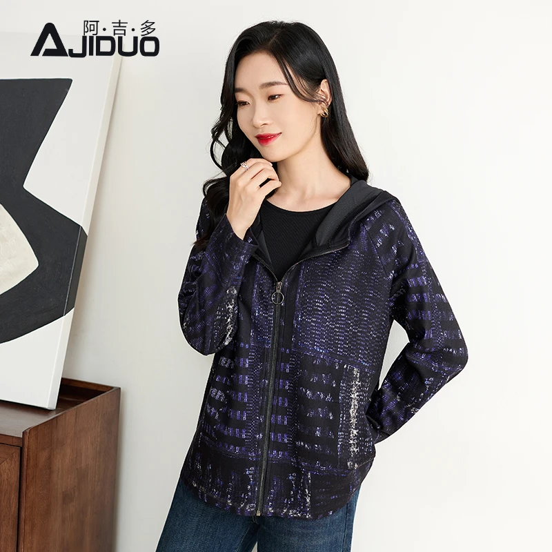 阿吉多长袖连帽外套女秋季2025新款复古高级时尚印花大码宽松上衣