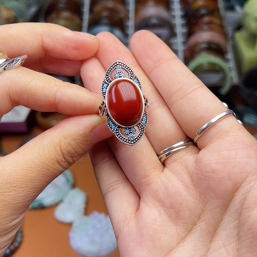 蛇纹石玉戒指银S925镶嵌