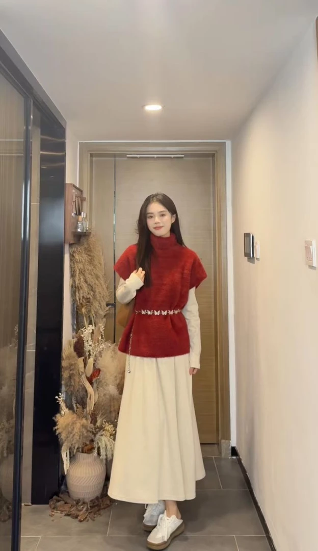 AN.XIN【芬兰漫雪~红色】秋冬慵懒毛衣+百搭减龄连衣裙22207