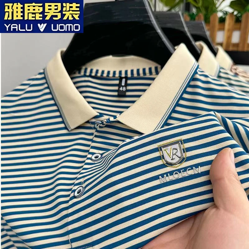 雅鹿男装夏季短袖Polo衫经典百搭条纹刺绣T恤宽松休闲上衣半袖男
