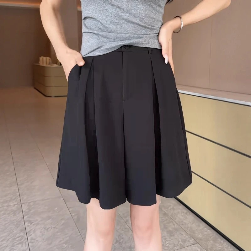 高腰黑色阔腿休闲裤女夏季薄款胖MM大码女装显瘦A字百褶半身裙裤