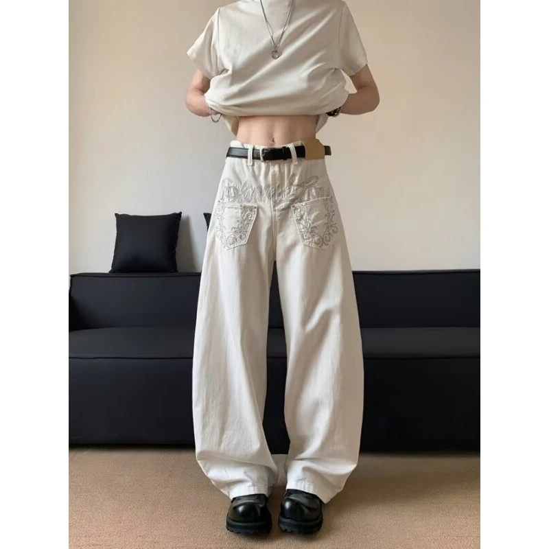 小众高街风四季皆可穿中腰设计感宽松显瘦美式复古直筒破洞牛仔裤