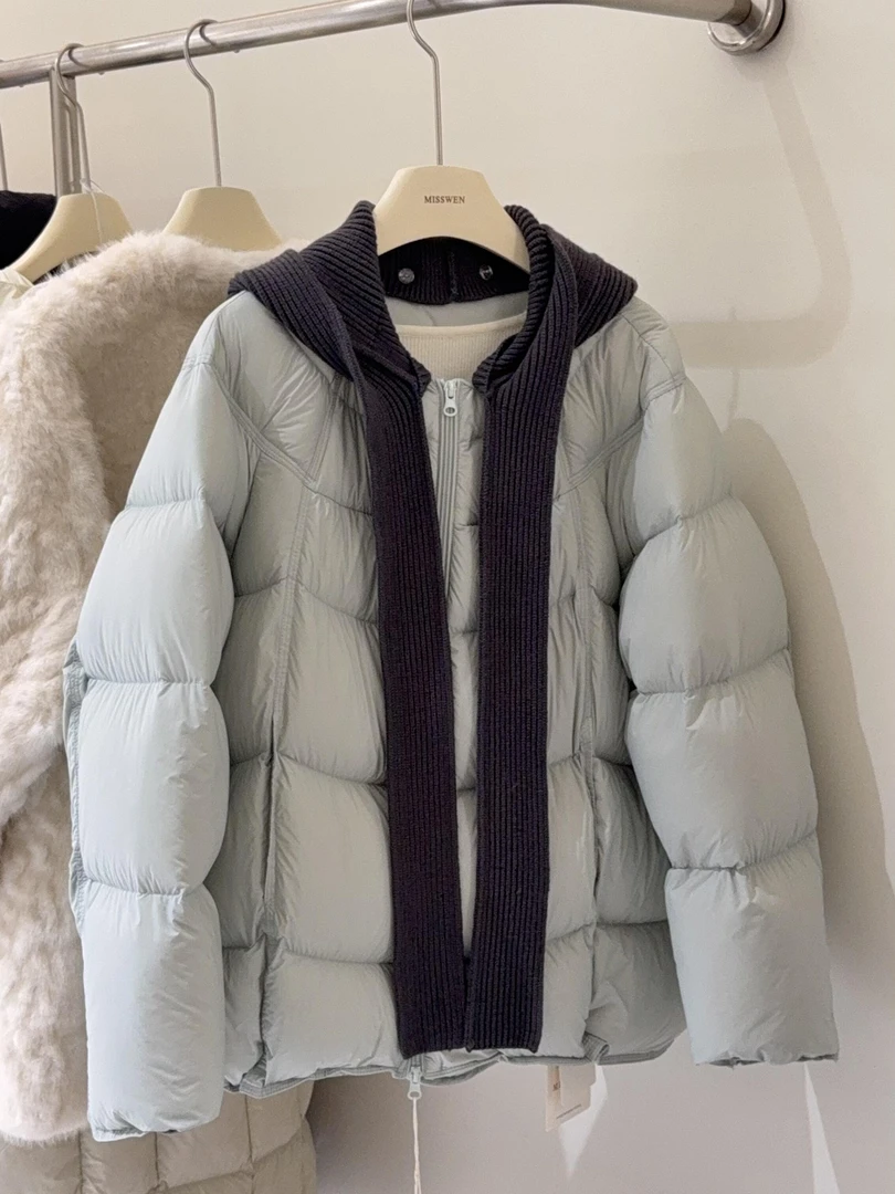 韩系小个子可拆卸针织连帽泡芙棉服外套2025冬季高级感加厚面包服