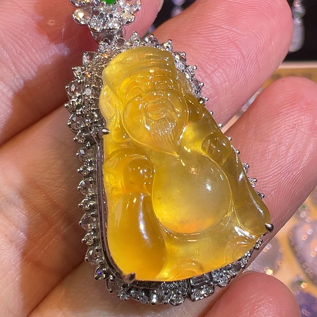 翡翠颈饰18K金镶嵌冰种财爷爷柠檬黄