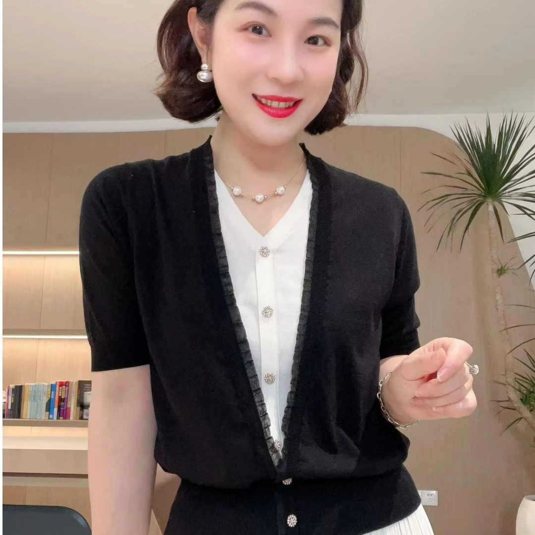 【朵朵假两件】短袖V领气质优雅丝丝边假两件针织衫#23175