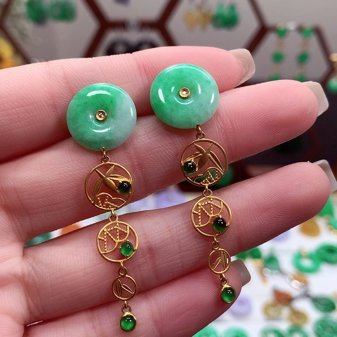 翡翠耳饰18K金镶嵌天然翡翠