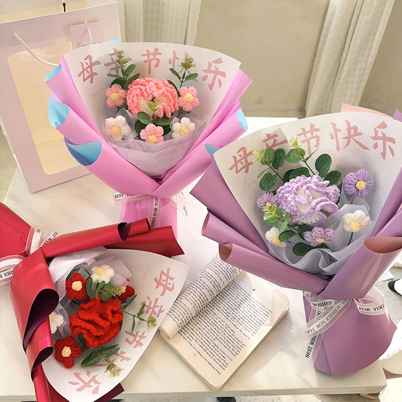 母亲节康乃馨永生花成品手工编织毛线花束生日礼物针织仿真花