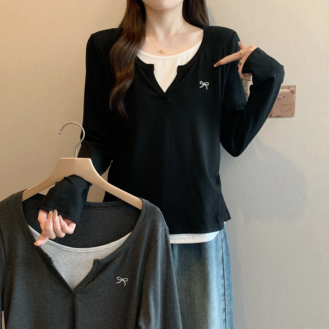 大码胖mm时尚蝴蝶结刺绣假两件T恤女春季新款休闲百搭打底衫上衣