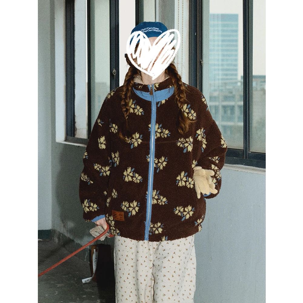 美式复古花朵印花加绒外套女秋冬百搭羊羔毛ins立领宽松休闲开衫