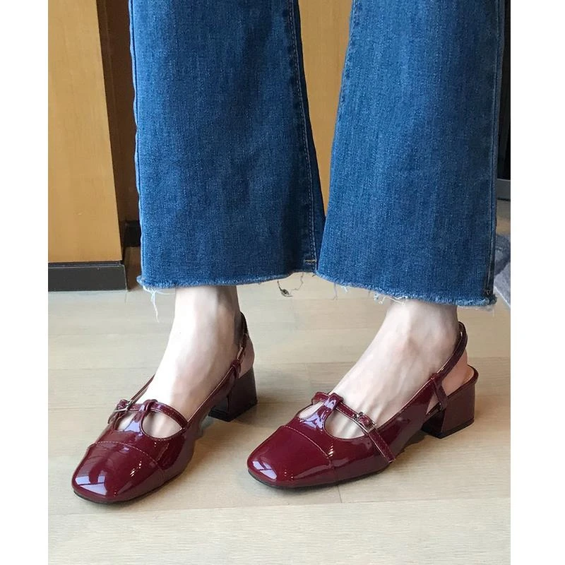羊皮版！法式粗跟单鞋女百搭包头后空凉鞋中跟复古红色玛丽珍鞋
