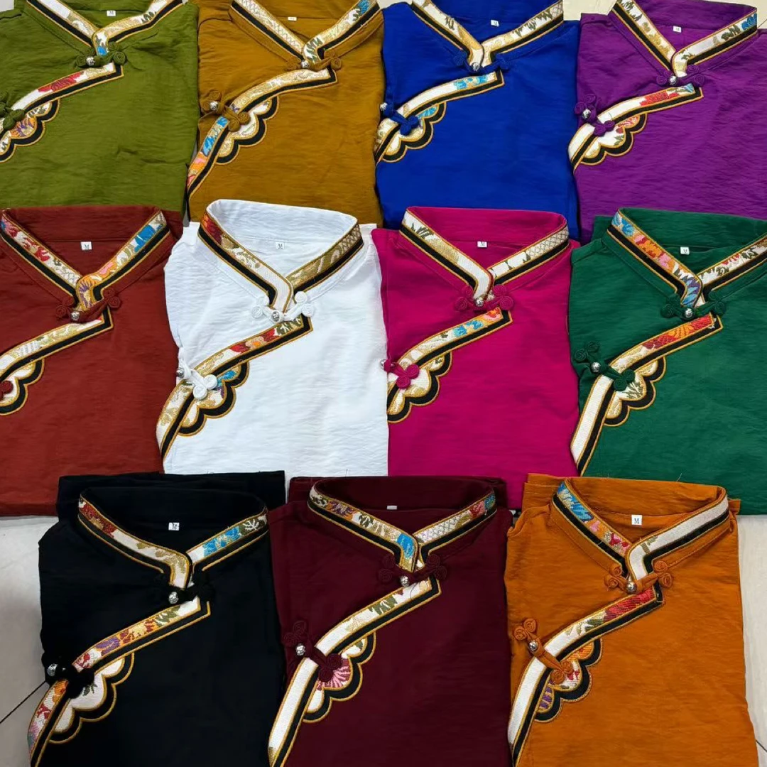 女士夏季薄款藏式新古典立领纯色绣花民族衬衫