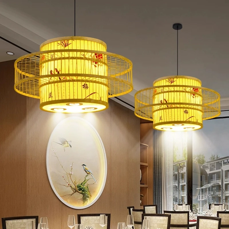 饭店包间竹编吊灯餐厅包厢包房灯酒店新中式灯笼火锅店射灯款灯具