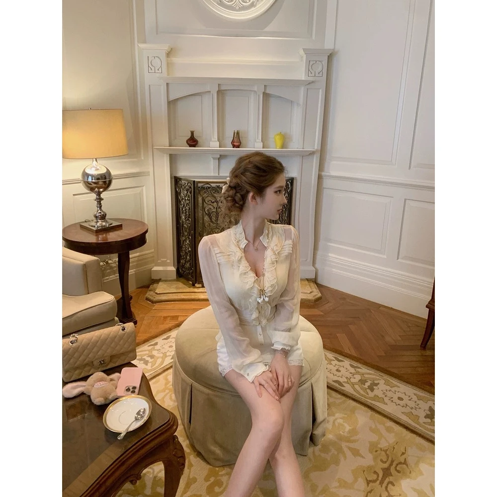 法式纯欲甜美温柔荷叶边拼接雪纺衫女褶皱小立领长袖衬衫夏季气质