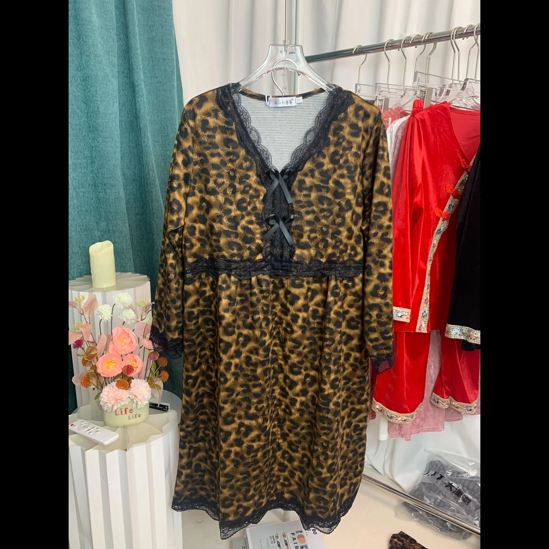 新款秋冬德绒豹纹拼接蕾丝洋气女士睡群套装家居服9088