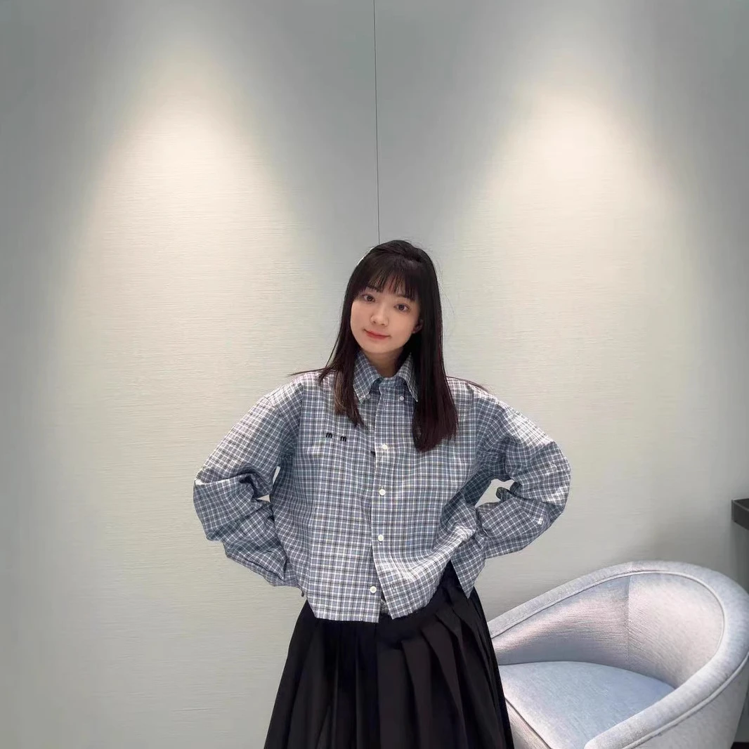 字母刺绣百搭学院风竖条纹蓝格子毛边翻领短款衬衣上衣长袖气质