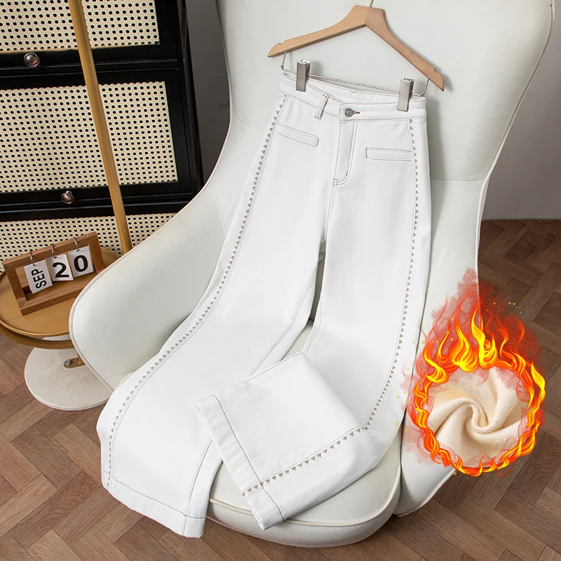 单裤/加绒高腰阔腿喇叭牛仔裤女弹力宽松显瘦百搭加厚裤