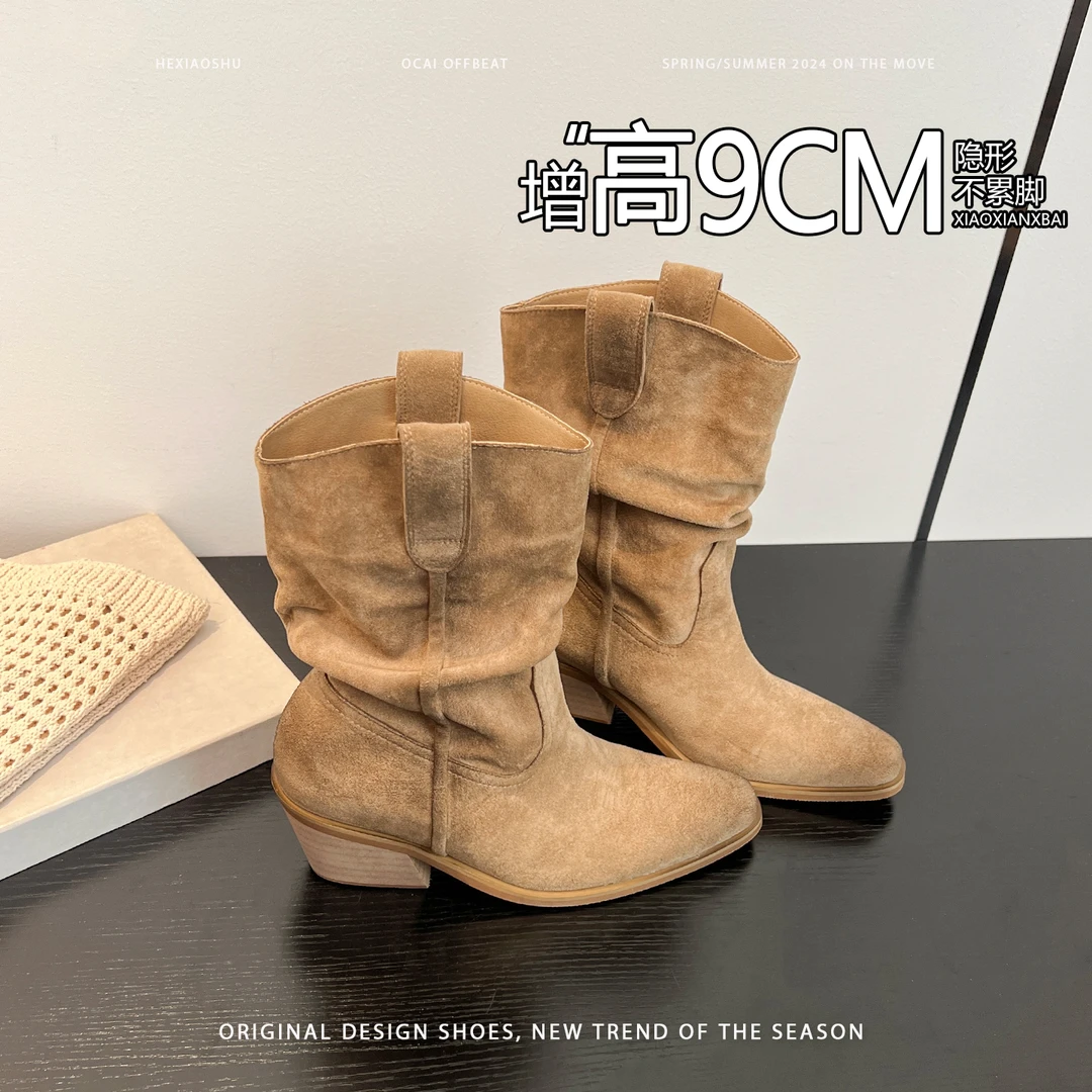 牛皮版~明星同款尖头堆堆靴短靴女高跟复古西部牛仔骑士靴马丁靴