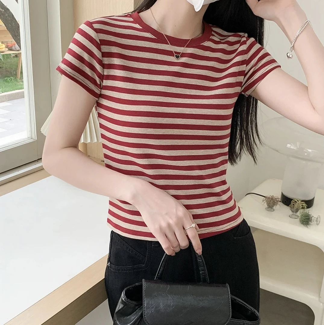 戈缕正肩圆领基础款条纹短袖T恤女夏季修身显瘦短款上衣1203