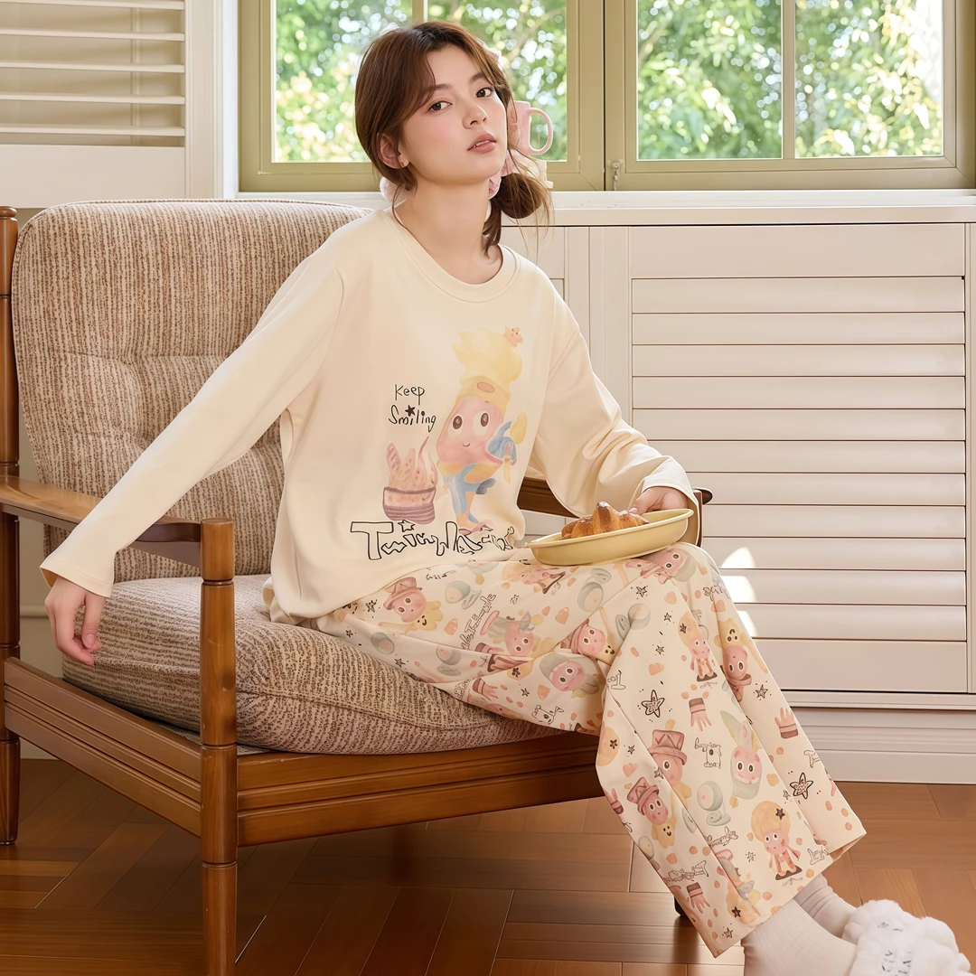 春秋季新品纯棉睡衣女款休闲带胸垫长袖长裤可外穿少女家居服套装