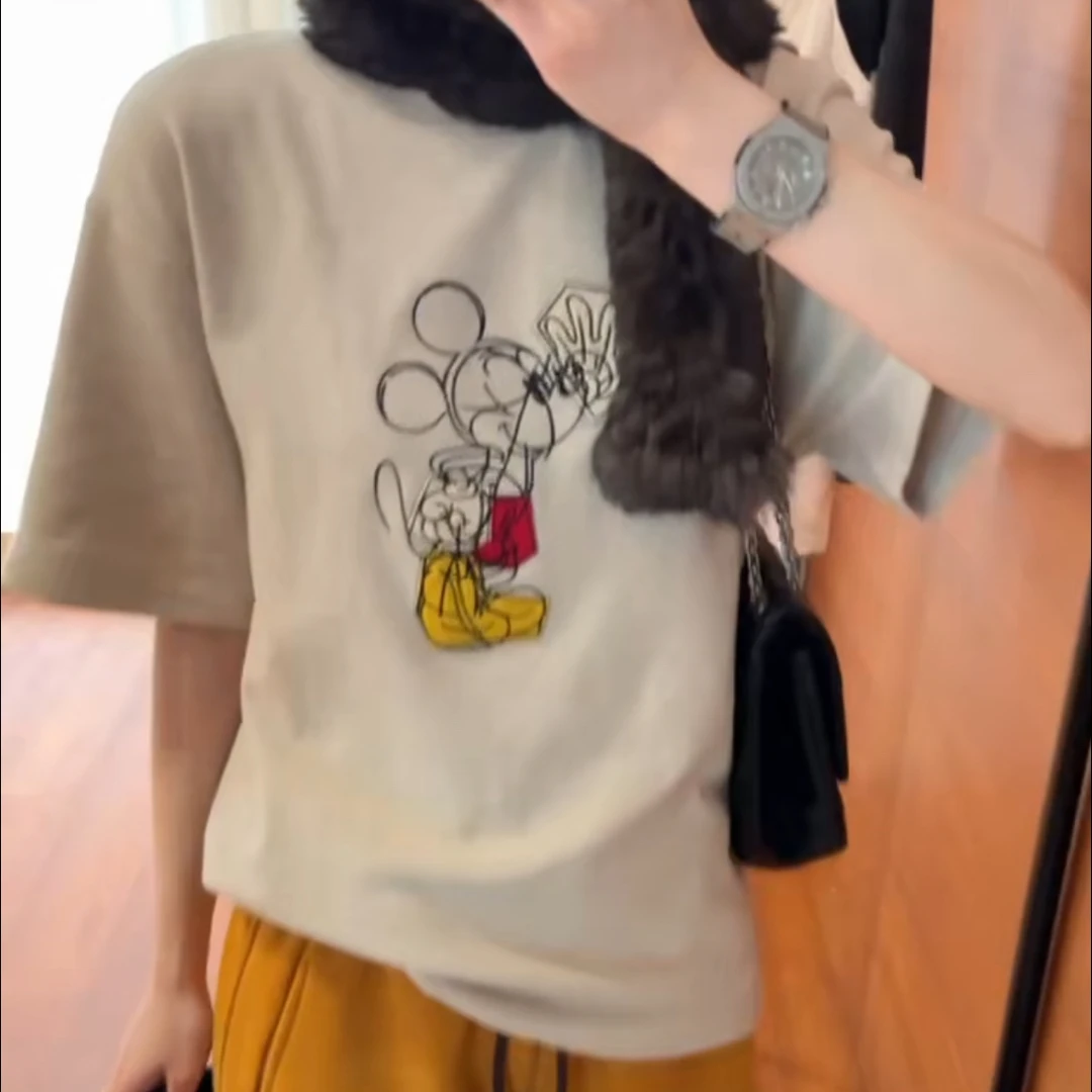 韩系卡通米奇印花磨毛短袖圆领宽松显瘦T恤