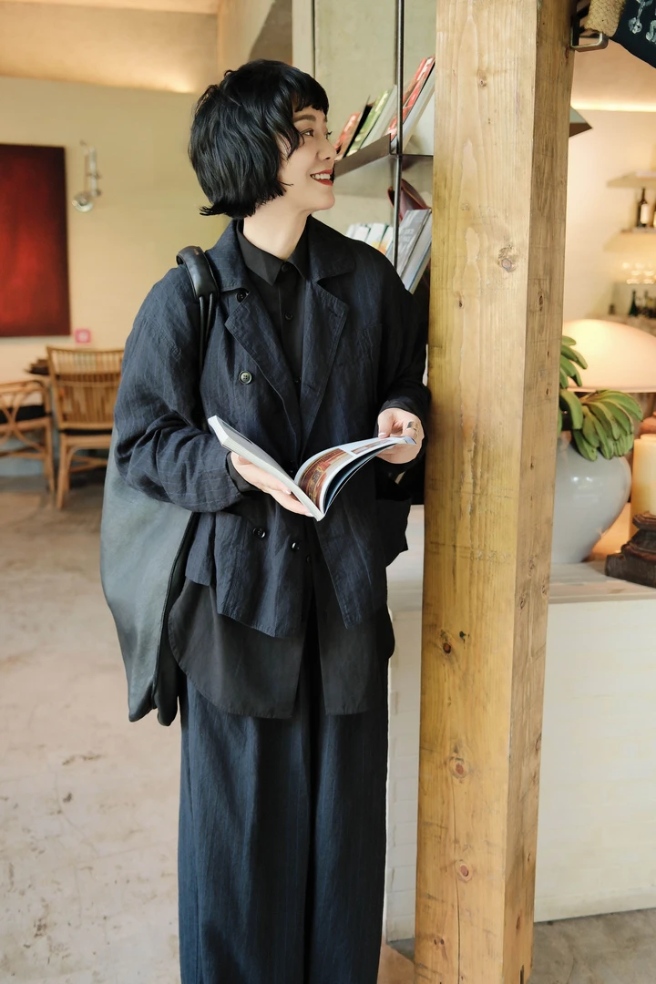 Li Wang/里望设计师款  日系细腻条纹 翻领宽松廓形短款外套