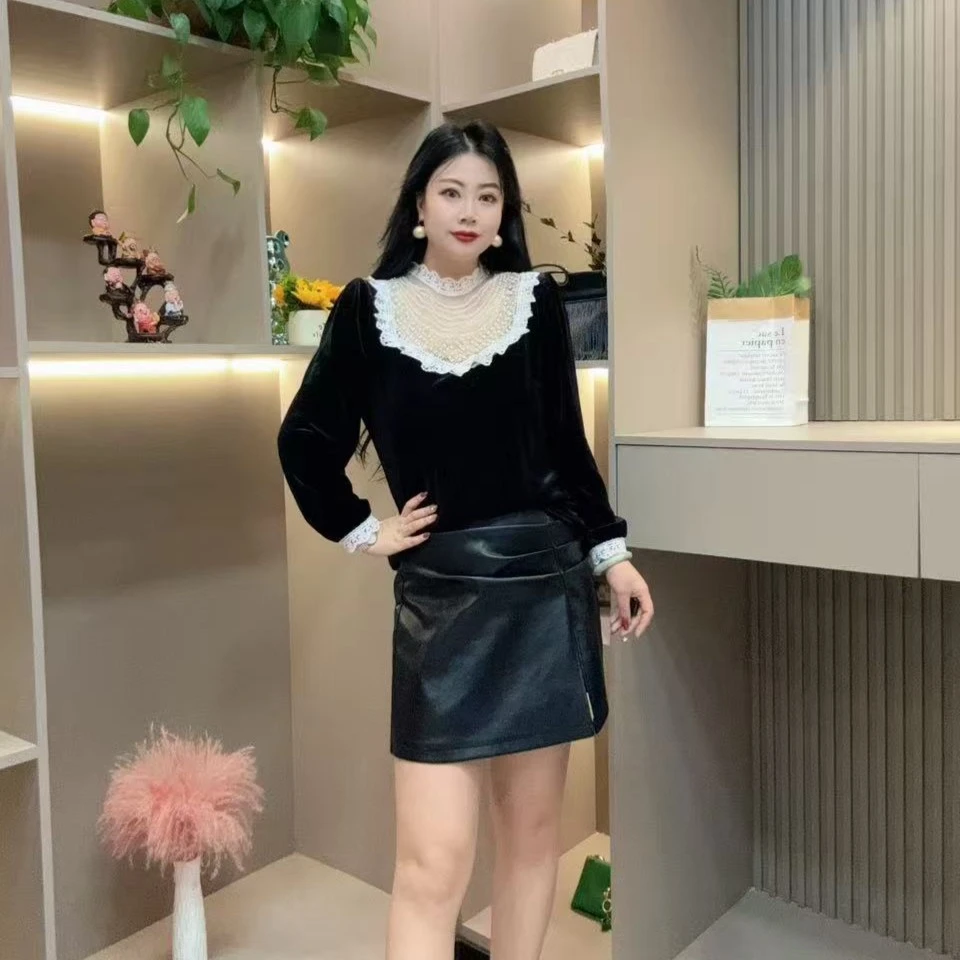 秋季上衣-冠 3665蕾丝珠珠款时尚潮流领口设计胖MM大码女装新款