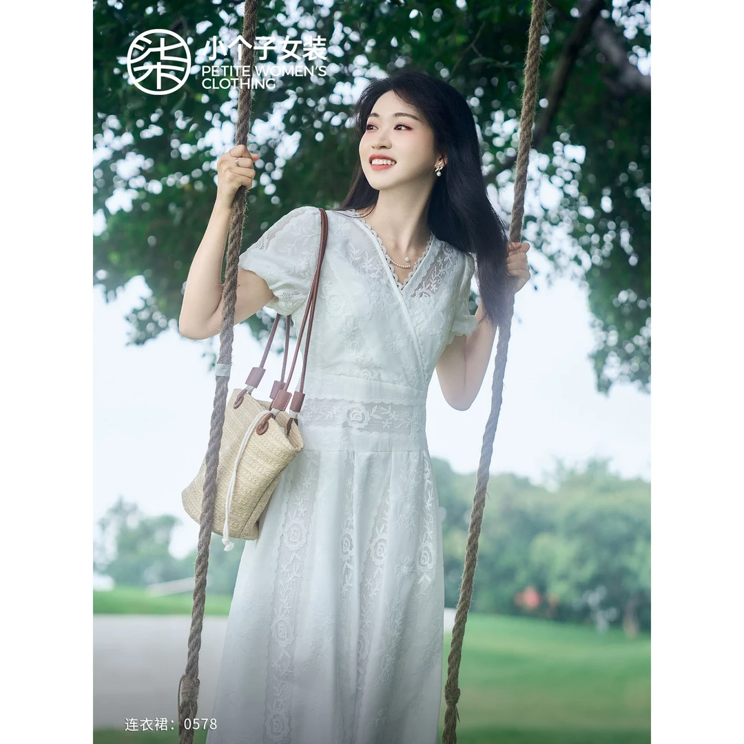 【大柒】【风铃】0578小个子白色蕾丝连衣裙温柔小众法式113.5cm裙子