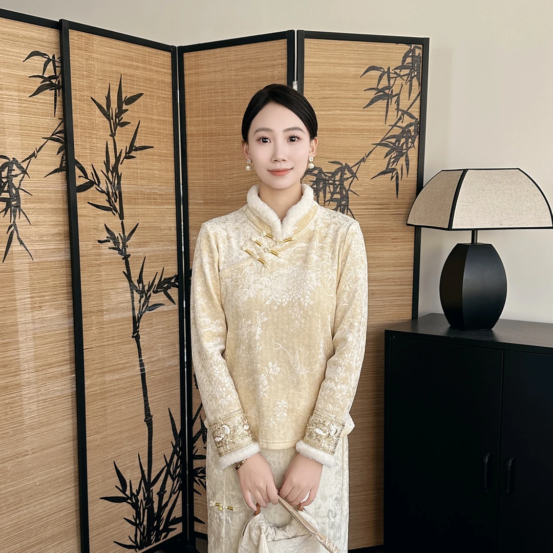 花间堂【锦初】新中式中国风气质时尚提花毛领加绒加厚打底衫