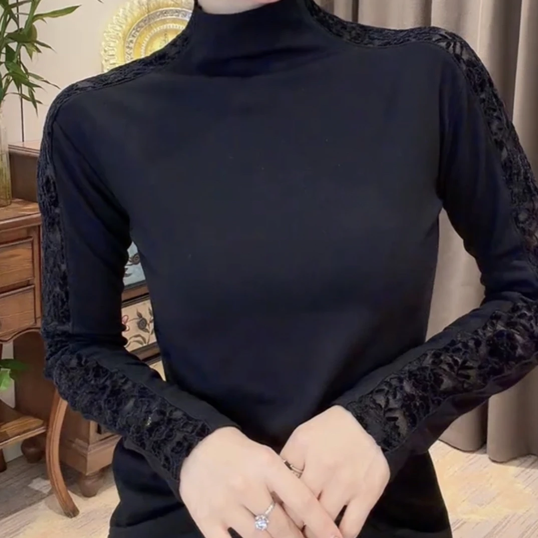 气质半高领蕾丝拼接长袖修身显瘦秋冬百搭