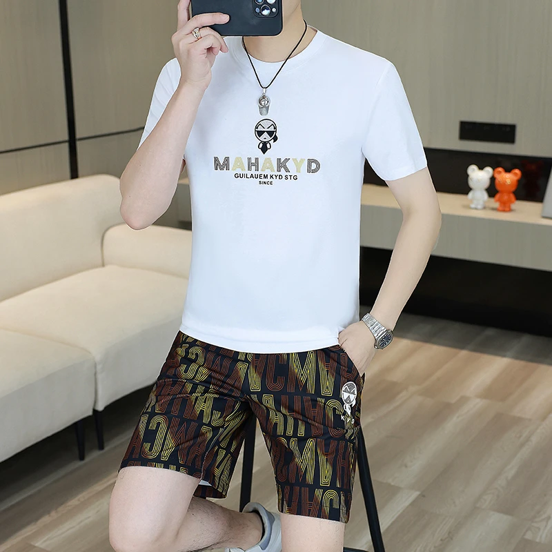 男士夏季新款套装个性运动T恤潮流时尚薄款t恤短袖短裤男装一整套
