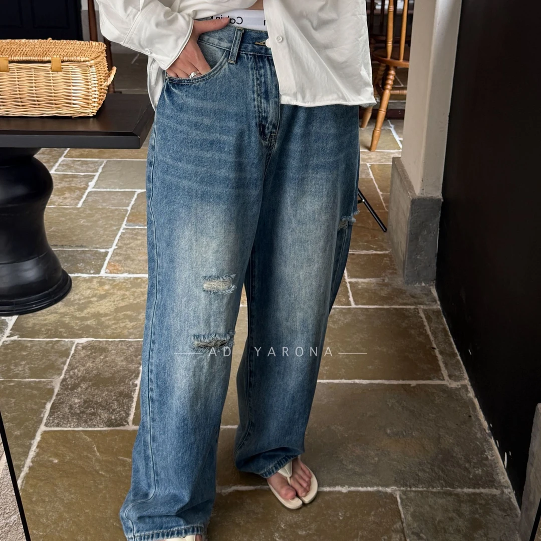 【素系列·蓝雨】春夏新款直筒宽松潮牌长裤复古垂感破洞阔腿牛仔裤