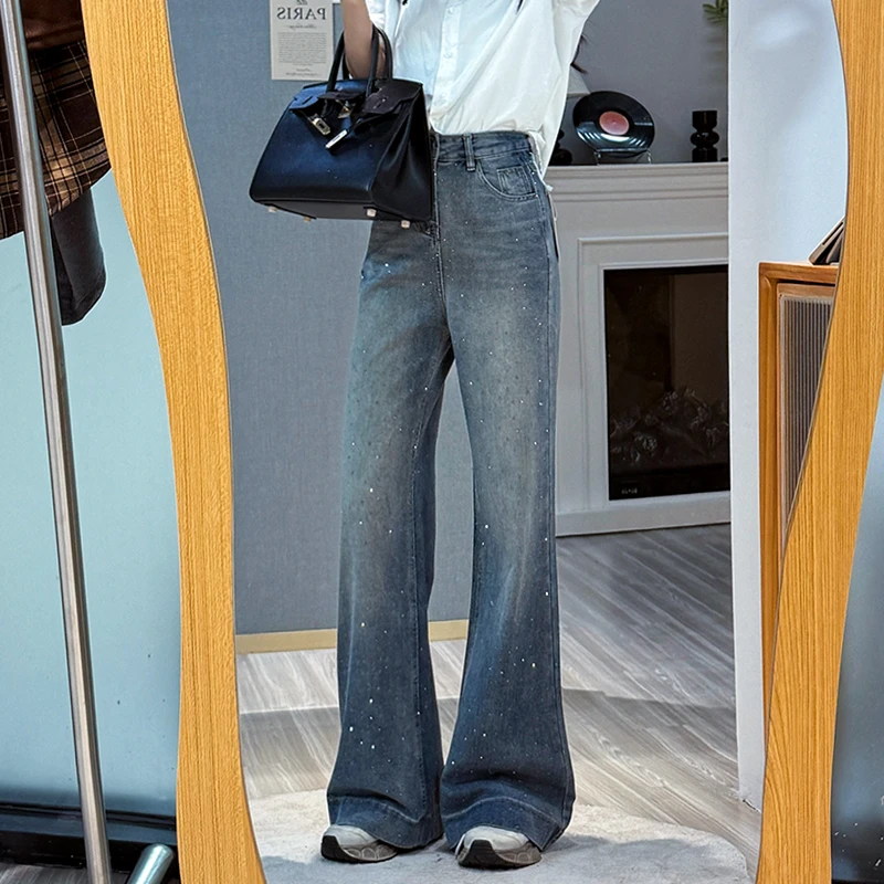 25523#渐变色高腰秋季新款大码宽松阔腿微喇女2025新款牛仔裤女