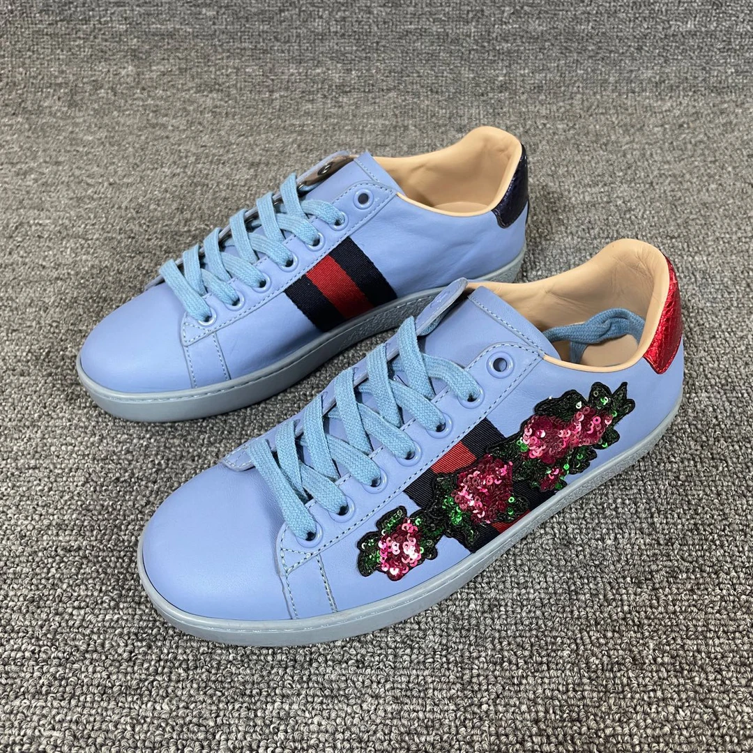 95新 GUCCI/古驰 ace 蓝色刺绣板鞋 34.5码