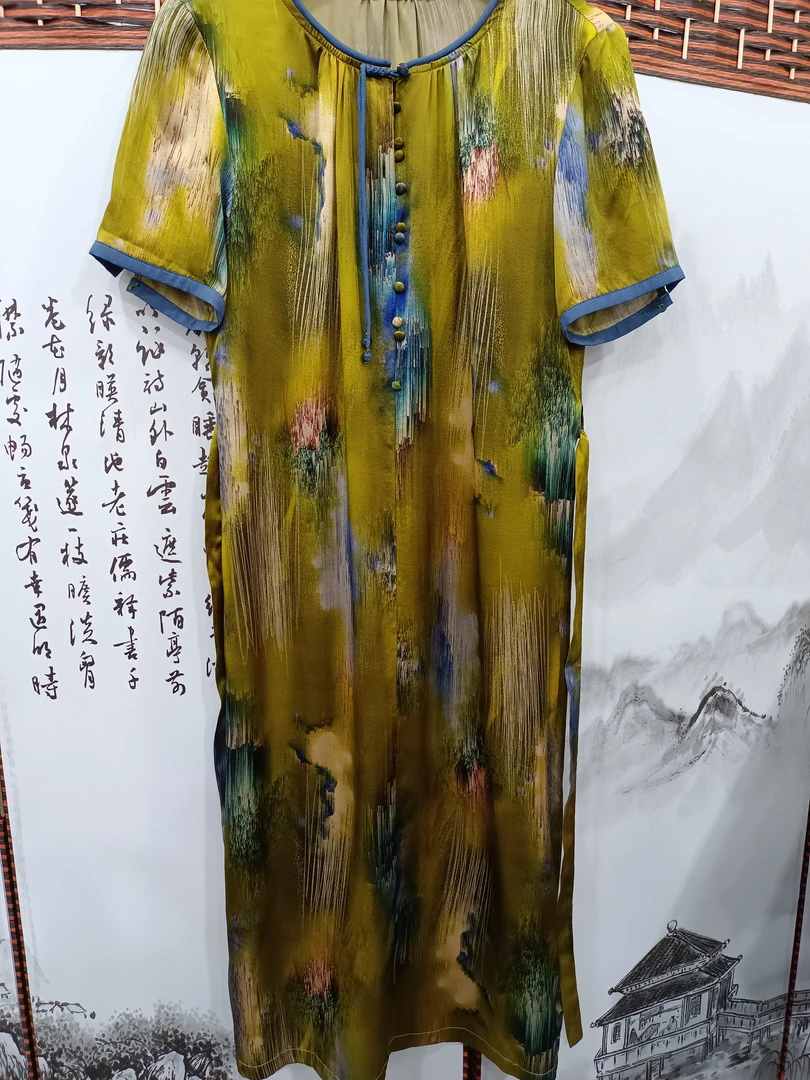 桑蚕丝印花连衣裙复古显瘦C306