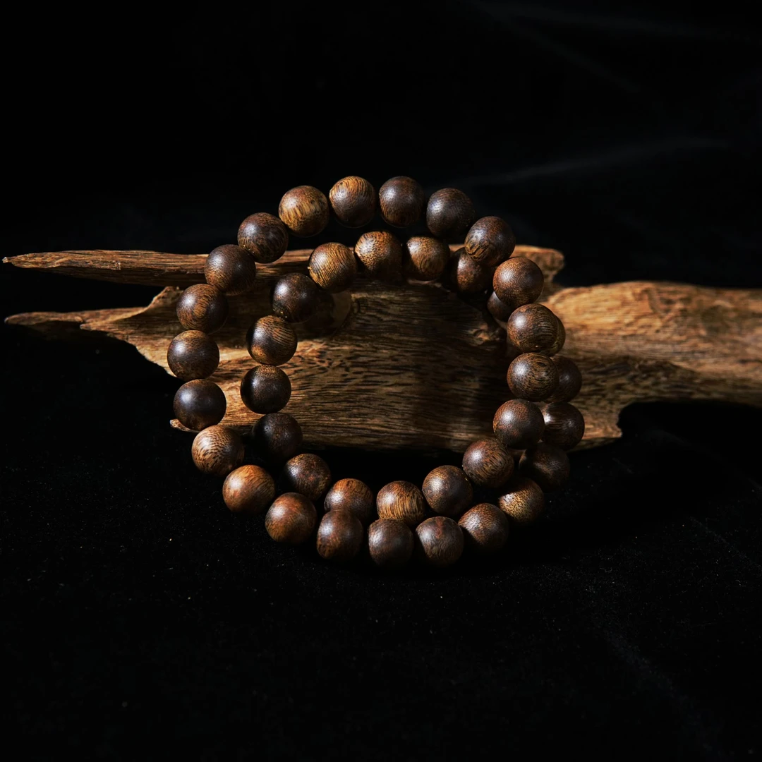 沉香1.0海南母树老白棋圆珠手串双圈送平安扣