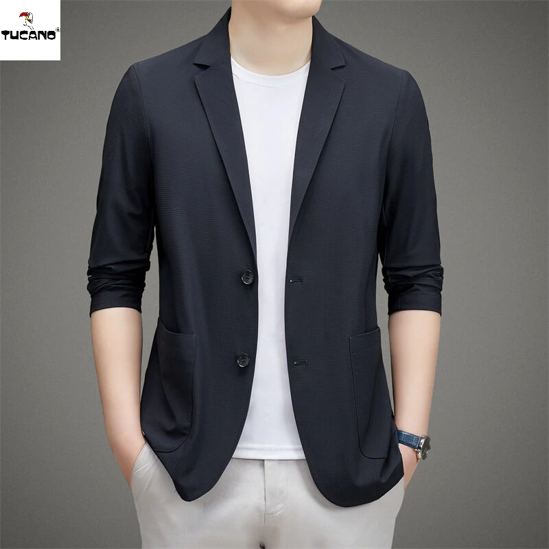 啄木鸟2025夏季高档男士冰丝无痕防晒西服外套纯色薄款西装上衣男