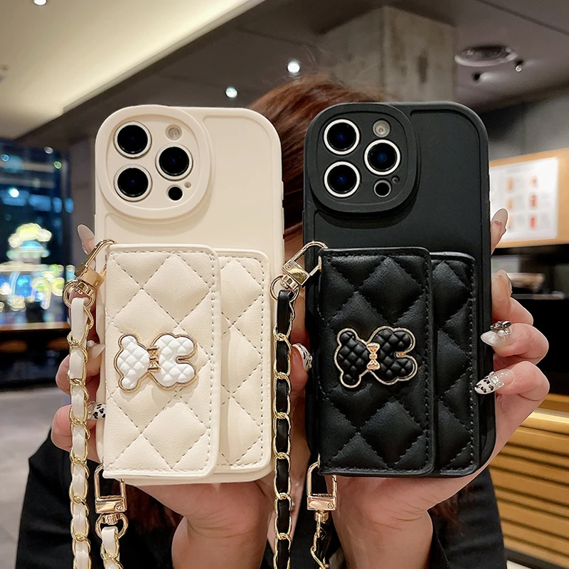 适用苹果/华为/荣耀/OPPO/vivo/小米小香风金边熊侧开卡包手机壳