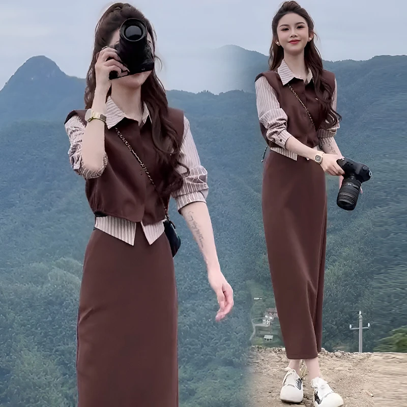 时尚套装裙女2025春秋新款洋气假两件条纹衬衫夏季条纹套装两件套