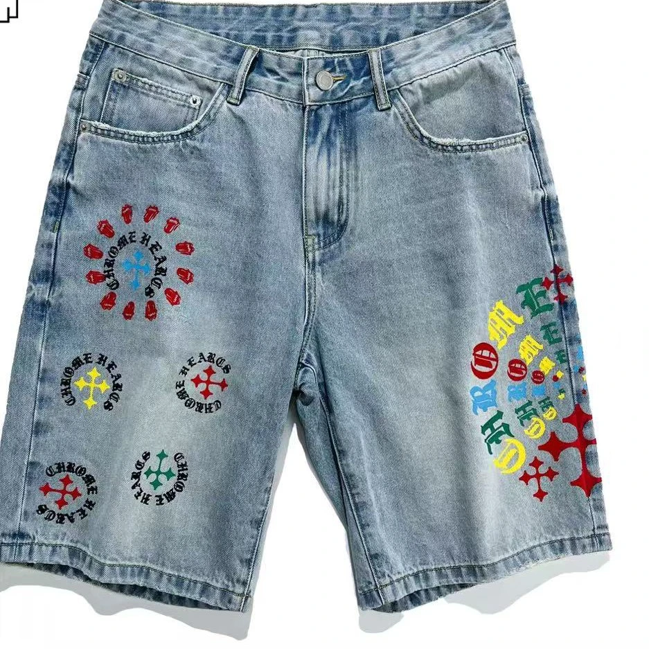 刺绣牛仔短裤男士潮流个性绣花五分牛仔中裤潮牌