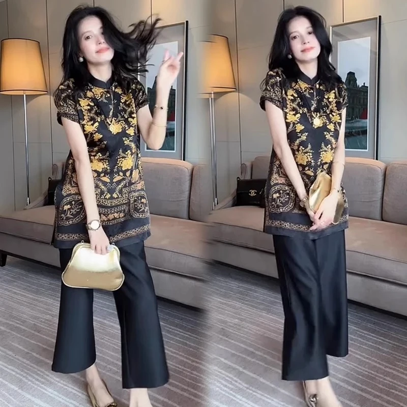 时尚套装女2025夏季新款时髦洋气新中式国风短袖上衣阔腿裤两件套